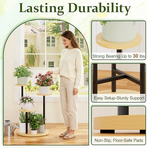 3 Tiers Black Plant Stand Indoor Tall Metal Wood Plant Shelf Outdoor Plant Stands Indoor Plant Table Rack Tiered Plant Stand Garden for Living Room Balcony Patio - RoundLight - color: BlackRoundLight, size: 3-tiers