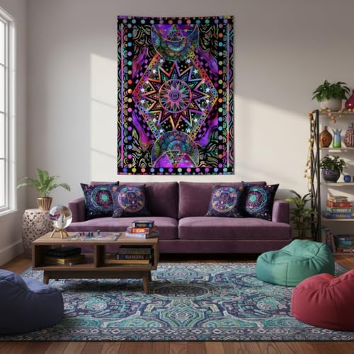 Blacklight Sun and Moon Tapestry Glow in The Dark Neon Hippie Bohemian Tapestries for Bedroom Aesthetic UV Reactive Purple Celestial Tie Dye Tapestry Wall Hanging for Living Room Dorm (60'' × 44'') - color: Purple, size: 60"L x 44"W