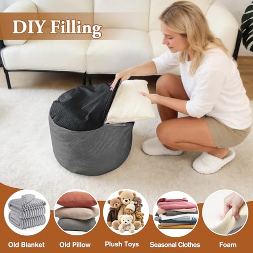 2PCS 20 * 20 * 12inch Unstuffed Ottoman Pouf Cover Unfillable Pouf Cover Foot Rest with Storage Corduroy Round Foot Stool Covers for Living Room Bedroom Home Decor,Grey - color: Grey