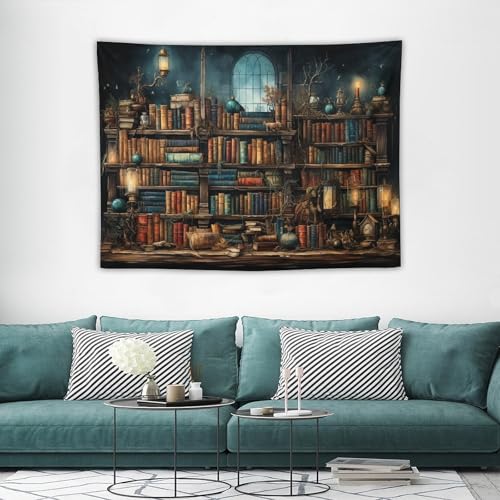 Retro Bookshelf Tapestry Vintage Library Wall Hanging Tapestries,Old Books on Shelf Classical Study Room Student Study College Dorm Bedroom Living Room 40"x30" - color: Bookshelf-3, size: 40"L x 40"W
