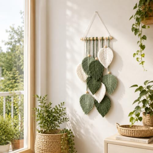 Artilady Green Macrame Leaf Wall Hanging Tapestry Boho Wall Decor | Handmade Soft Cotton Fringe, Natural Wooden Beads, Mordern Chic Decor for Bedroom Living Room Nursery - color: Small Green