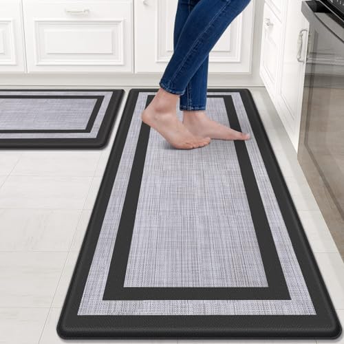 Mattitude Kitchen Mats Set of 2,Cushioned Anti-Fatigue Non-Skid Rug Sets Ergonomic Comfort Standing Mat for Kitchen, Floor, Office, Sink, Laundry, Black and Gray - color: Black Frame, size: 17.3" x 47 "+ 17.3" x 29 "--0.40 inches