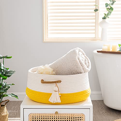 KAKAMAY Woven Baskets for Storage(16"x8"),Blanket Basket for Organizing Living Room,Cotton Rope Basket Woven Baby Laundry Hamper,Collapsible Laundry Room Organization,Clothes,Toy Chest(Yellow) - color: Yellow