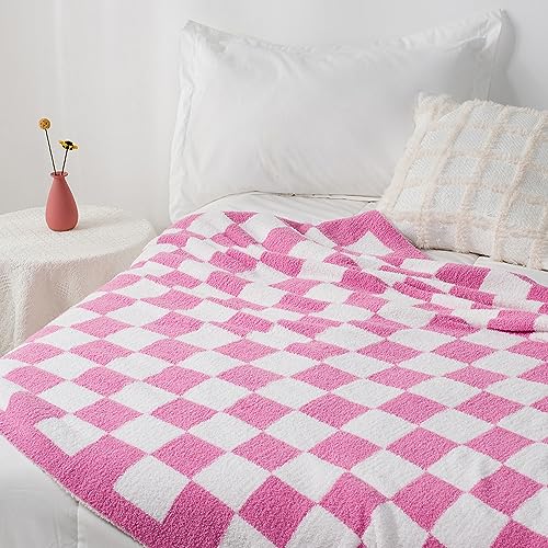 Carriediosa Checkered Throw Blanket 50" X 60", 400GSM Ultra Soft Microfiber Fuzzy Fluffy Reversible Cute Preppy Knitted Blankets Cozy Plush Fall Throws for Couch, Bed, Sofa, Hot Pink - color: Check - Hot Pink, size: 50" X 60"