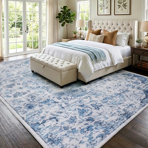 6x9 Washable Area Rug for Living Room, Boho Vintage Blue Rug, Soft Low Pile Non Slip Carpet, Floral Print Mat for Bedroom, Dinning Room,Playroom, Nursery Farmhouse Indoor-Blue/Gray - color: Blue/Grey, size: 6' x 9' (Rectangular)