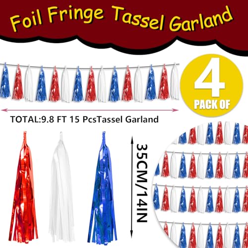 4P Red Blue White Foil Fringe Metallic Tassel Streamers Banner Tassel Garland for Parade Floats, Graduation, Wedding, Birthday, Halloween, Christmas, Independence Day, 4th of July, Party Decorations - color: Red Bule White