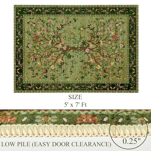 Green Area Rugs 5x7, Machine Washable Non-Slip Rug, Boho Floral Botanical Soft Low Pile Throw Rugs for Living Room, Bedroom, Dining Room, Office - color: Green, size: 7' x 5' (Rectangular)
