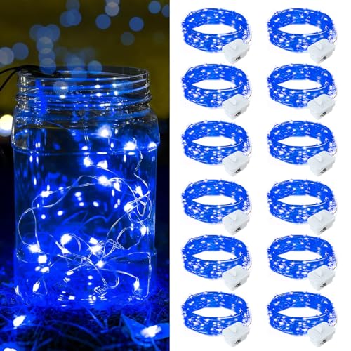 12 Pack Blue Fairy Lights Battery Operated, 7ft 20 LED Mini String Twinkle Lights for Easter Christmas Halloween Mason Jars Centerpiece Table Decorations (12, Blue) - color: Blue