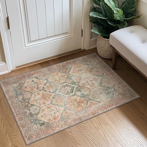 Bavni 2x3 Entryway Rug Bathroom Rugs for Front Door Bedroom Bathroom Kitchen, Washable Vintage Print Carpet, Ultra-Thin Chenille Lightweight Rug with Non Slip Backing, Clay - color: Amber/Clay, size: 2' x 3' (Rectangular)