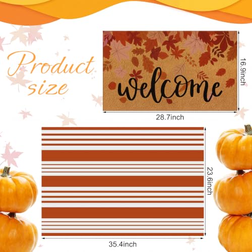 Moucuny 2 Pcs Fall Doormat Welcome Door Mat Outdoor Autumn Non Slip Coir Front Door Mat Orange and White Plaid Checked Rug for Fall Thanksgiving Indoor Outdoor Porch Entrance Decor (Maple Leaves) - style: Maple Leaves