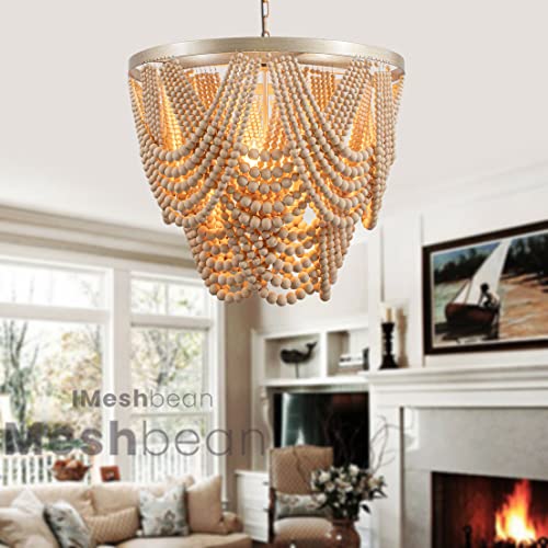 Boho Wood Beaded Chandelier Light Fixture，Large 25.5 inch Bohemia Bead Chandelier Rustic Farmhouse Ceiling Light Fixture for Dinning Room Bedroom Living Room (Oak) - color: Oak 25.5"