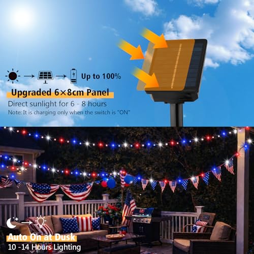 4 Pack Red White and Blue Solar Fairy Lights, 131ft 400LED 4th of July Solar String Lights Waterproof with 8 Modes, Green Wire Outdoor Patriotic Lights for Memorial Day Independence Day Decor - color: Red Blue White