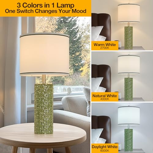 27" Tall Farmhouse Table Lamp Set of 2, Large Ceramic Bedside Lamps for Bedroom Living Room, 3-Color Temperature Dimmable Nightstand Lamps with Bulbs Included, Modern Home Decor (Light Green) - color: Light Green, size: 27"
