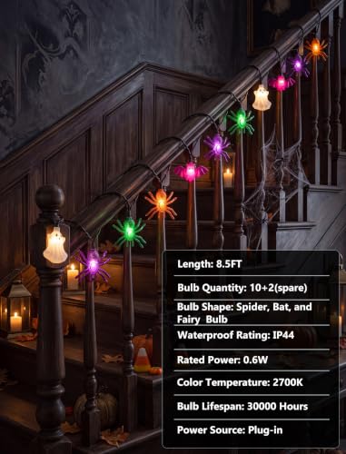 8.5ft LED Halloween String Lights with 10 LED Bulbs, Fairies Bats Spiders Lights - color: Multicolor Fairies Bats Spiders