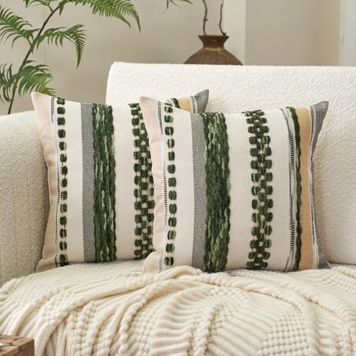 Aeckself Boho Throw Pillow Covers 18x18 Inch Set of 2, Farmhouse Decorative Striped Square Pillow Covers Chenille Tufted Pillow Cases Accent Neutral Pillowcase for Living Room Couch Bed, Dark Green - color: Dark Green