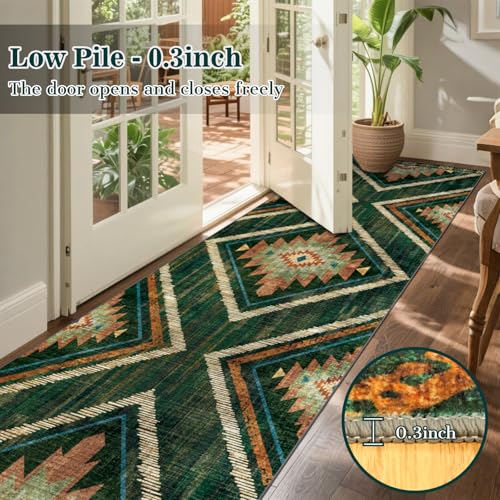 3x12Ft Boho Runner Rugs for Hallway Non Slip, Long Wide Green Geometric Washable Kitchen Rug Runner, Soft Moroccan Entryway Floor Carpets for Entrance Doorway Office Decor - color: Green, size: 3' x 12' (Rectangular)