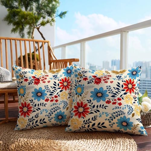 Firmiso Vintage Floral Throw Pillow Covers 18x18 Set of 2 | Flower Decorative Cushion Covers for Couch Sofa Bed | Classic Cottage Style Home Decor Pillow Cases | Beige Blue Red Yellow Accent - color: Boho Floral