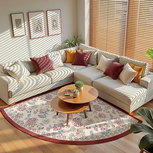 jinchan Elora Floral Corner Rug for Kitchen Washable Nursery Rug Vintage Romance Design Non Slip Quarter Circle Lightweight Low-Pile Throw Carpet for Playroom Reading Nook Office 5ft Radius, Red/Beige - color: Bloom Red/Beige, size: 5' x 5' (Corner Light