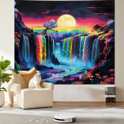 Apdidl Blacklight Posters Waterfall Moon Tapestry, Black Light Neon UV Reactive Mountain Tree Tapestries Wall Hanging, Fantasy Landscape Wave Nature Tapestry for Bedroom Room Dorm Decor (60"X79") - color: Waterfall Blacklight Tapestry, size: 79"L x 60"W