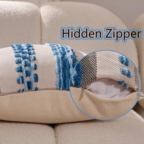 Boho Throw Pillow Covers 18x18 Inch Chenille Striped Textured Pillow Cover Farmhouse Decoration Striped Square Pillowcase for Couch Bed Sofa Bedroom Living Room,Blue(Pack of 1) - color: White-blue Stripe Pack of 1, size: 18" x 18" (Pack of 1)