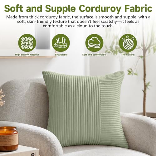 Corduroy Throw Pillow Covers, Cozy Cushion Covers for Home Decor, Zippered Pillowcases for Couch and Bed - color: Green Corduroy Pillowcase