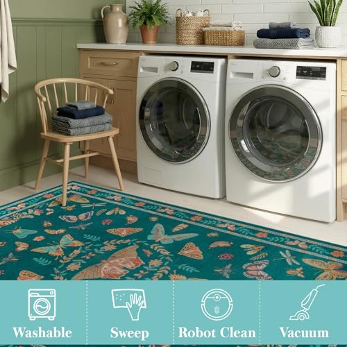 Unirea 2x6 Dark Blue Runner Rug, Washable Non Slip Insect Botanical Rug for Hallway, Kitchen, Bathroom, Laundry Room, Entryway, Bedroom, Soft Boho Door Mat Indoor Entrance Bug Rugs, Low Pile Carpet - color: Dark Blue, size: 2'x6'