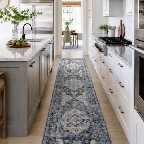 AMOAMI-2X10 Runner Rug-Washable Runners for Hallways-Soft Non Slip Bedside Rugs for Bedroom-Vintage Long Rug for Hallways Entryway Laundry Room Stair Kitchen Bathroom Blue - color: Blue, size: 2' X 10' (Rectangular)