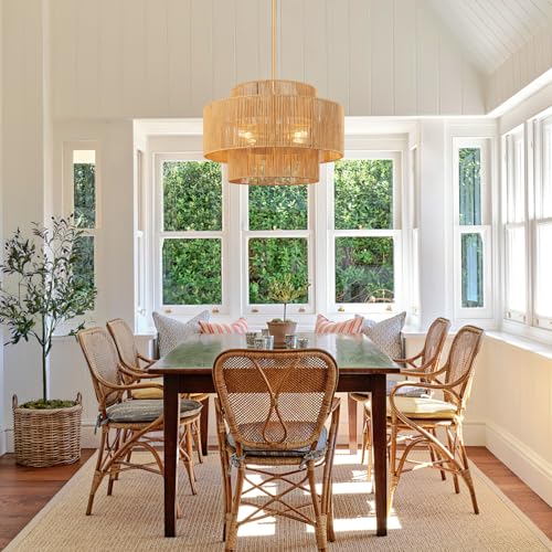 24'' Boho Rattan Chandelier, 4-Light Hand-Woven Wicker Pendant Lamp, Rustic Modern Ceiling Light Fixture for Dining Room, Kitchen Island, Living Room, Bedroom, Foyer, Entryway, Over Table - color: Brown A