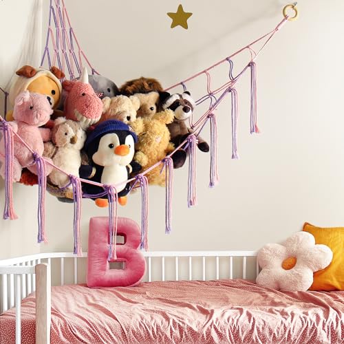 mirolam Large Stuffed Animal Hammock Corner Net for Toys Storage Hanging Stuff Animal Organizer Holder Pink Purle Girls Room Bedroom Boho Nursery Decor - color: Pink Purple, size: Standard(41.5"L x 55.2"W x 41.5"H)