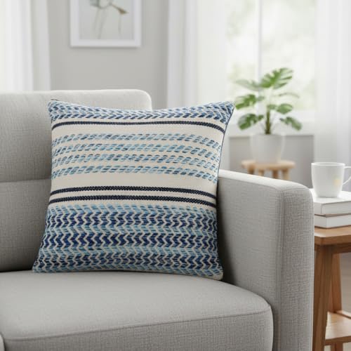 · REDEARTH · Boho Textured Throw Pillow Cushion Covers - Woven Tufted Decorative Farmhouse Cases Set for Couch - Bed - Chair - Dining - Covered Patio - 100% Cotton (18"x18" - Indigo Natural) Pack of 2 - color: Serenity Twill Indigo, size: 18" x 18" (Pack