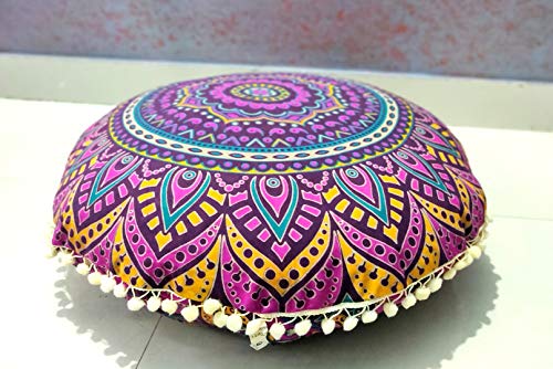 INDIAN CRAFT CASTLE New Pink Ombre 24" Mandala Barmeri Large Floor Pillow Cover Cushion Meditation Seating Ottoman Throw Cover Hippie Decorative Zipped Bohemian Pouf Ottoman Pom Pom Cases 24" Round - color: Pink Yellow, style: 24 Inch Round