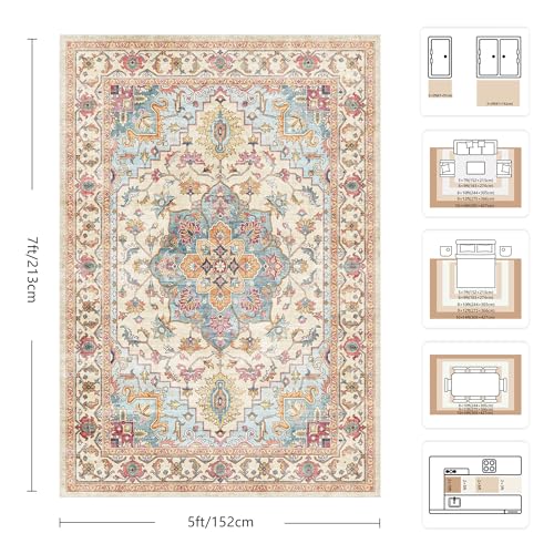 5x7 Area Rugs - Washable Rug Vintage Distress Boho Medallion Rugs for Living Room, Soft Non-Slip Backing Low Pile Carpet for Bedroom Dining Room Office Nursery Dorm Home, Vintage Orange - color: G-vintage Orange, size: 5' x 7' (Rectangular)