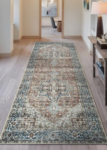 Bloom Rugs Caria Washable Non-Slip 12 ft Runner - Terracotta/Blue Traditional Runner for Entryway, Hallway, Bathroom, and Kitchen - Exact Size: 2'6" x 12' - color: Terracotta / Blue, size: 2'6" x 12' (Runner)