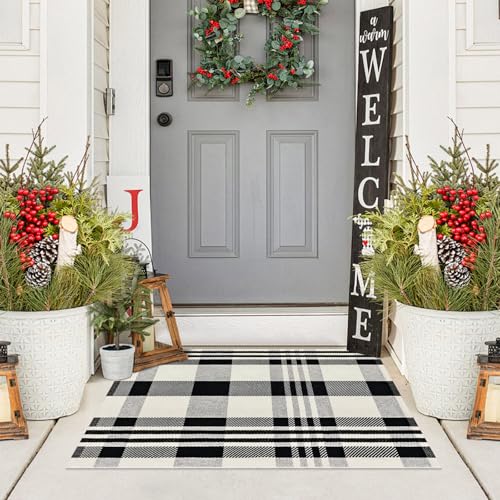 Buffalo Plaid Checkered Rug 2'x3' Front Door Mat Outdoor,Black and White Rugs Cotton Washable Front Porch Rug Layered Doormats for Patio Farmhouse Entryway Kitchen Foyer - color: Black and White Checkered Rug, size: 2‘×3’