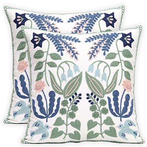 Pack of 2 Embroidered Decorative Throw Pillow Cover 18x18 Inch Farmhouse Floral Pillowcase for Living Room Sofa Bed (Bird Flower) - color: Bird Flower
