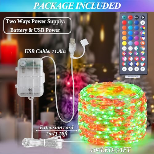 Lovelite Fairy Lights Battery Operated USB Plug in, 34 Colors Changing 33ft 100LED Patriotic String Lights with Remote, Waterproof Twinkle Lights for Bedroom Indoor Outdoor 4th of July Party Decor - size: 100LED/33FT (Battery+USB)