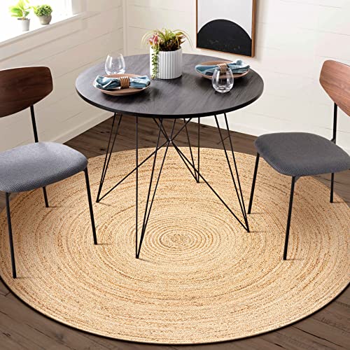 Hausattire Hand Woven Jute Braided Rug, 5’ Round – Natural, Reversible Boho Entry Area Rugs for Kitchen, Living Room I Farmhouse Decorative Floor Rug, 5 Feet Round - color: Natural, size: 5' (Round)