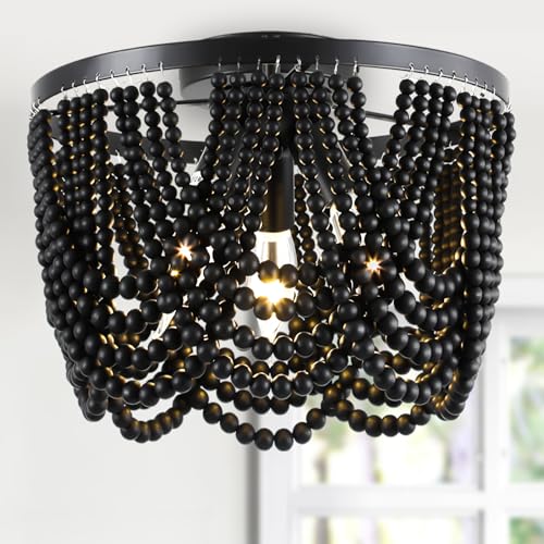 Black Boho Chandelier,Wood Beaded Chandelier Light Fixture, 12.6 inch Bohemia Draped Bead Flush Mount/Semi Flush Mount Ceiling Light Fixture for Dinning Room Bedroom Hallway - color: Black 12.6"