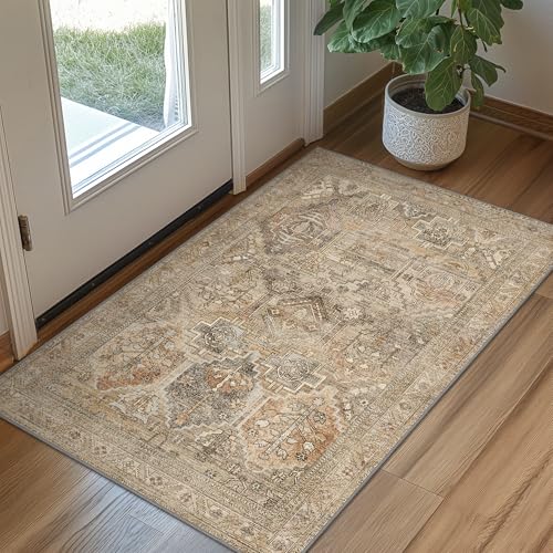 Bavni 2x3 Entryway Rug Bathroom Rugs for Front Door Bedroom Bathroom Kitchen, Washable Vintage Print Carpet, Ultra-Thin Chenille Lightweight Rug with Non Slip Backing, Wood - color: Apricot/Wood, size: 2' x 3' (Rectangular)