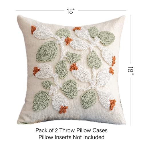 City Jun Summer Botanical Throw Pillow Covers 18x18 Inch Set of 2, Chenille Embroidered Pillowcase with 3D Tufted White Floral Vine Sage Green Leaves, Boho Decorative Cushion Covers for Couch Sofa Bed - color: Cyan, size: 18" x 18" (Pack of 2)