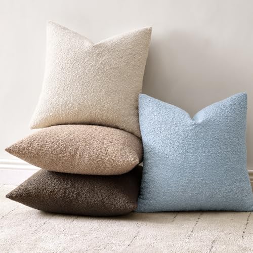 Pack of 2 18x18 Inch Decorative Boucle Throw Pillow Covers Textured Square Pillowcaes Accent Solid Cozy Soft Cushion Covers Home Decor for Sofa Couch Living Room Home Decor,Coastal Light Blue - color: Light Blue, size: 18" x 18" (Pack of 2)