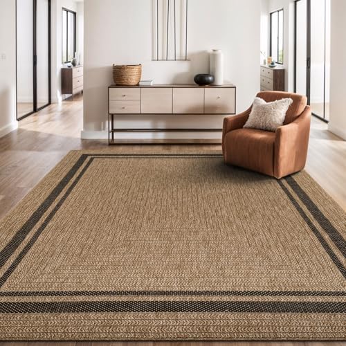 Beverly Rug Easy Jute Bordered Rug 5x7 Washable Durable Indoor Outdoor Area Rugs for Living Dining Room Patio Office Stain Resistant Non Shedding Casual Indoor Outside Carpet 5 x 7 Natural - color: Bordered/Natural-black, size: 5' x 7' (Rectangular)