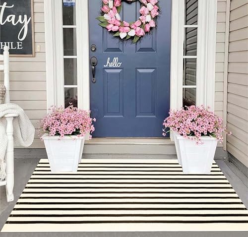 Washable Proch Rug 2.3'X3.6',Beige and Black Entryway Rug Cotton Woven Bathroom Rugs Front Porch Decor for Bedroom/Home Entrance/Front Porch - color: Beige Black, size: 2'4" x 3'7" (Rectangular)