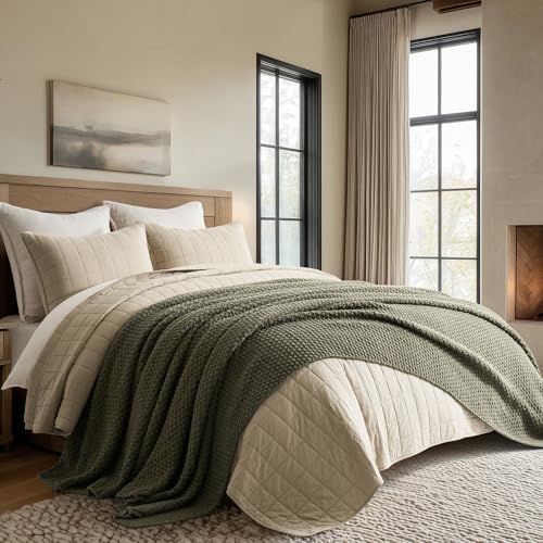 EVERGRACEHOME Chunky Chenille Knit Throw Blanket for Couch, Soft Luxurious Oversized Queen Moss Stitch Blanket for Bed, Cozy Farmhouse Knitted Throw for Sofa, Olive Green, 90" x 90" - color: Olive Green, size: 90" X 90"