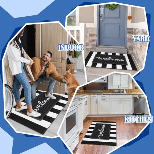 Geelin 2 Pcs 30'' x 18'' Doormat 43'' x 27.5'' Black and White Layered Rug for Front Door Mat Outside Entrance Welcome Door Mats for Indoor Outdoor Entryway Porch Decor(Stripe Welcome) - style: Stripe Welcome