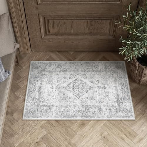 PureCozy Grey 2x3 Washable Area Rug for Living Room Vintage Floral Medallion Soft Small Door Mat Low Pile Non Slip Distressed Indoor Office Carpet for Bedroom Dining Room Nursery - color: Grey, size: 2' x 3' (Rectangular)