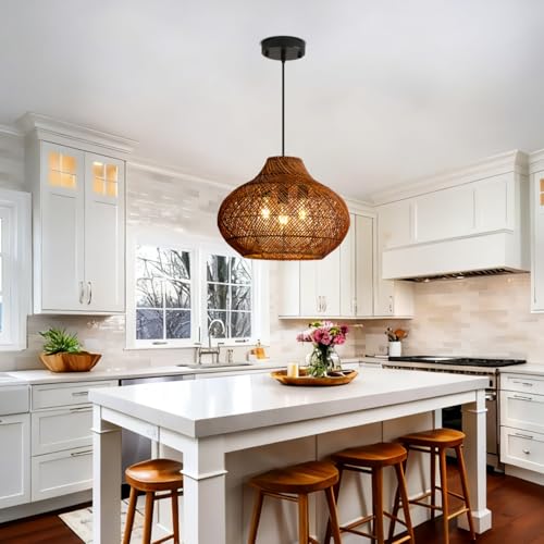 18.9IN Boho Rattan Chandelier 3-Lights Hand-Woven Rattan Pendant Light Farmhouse Wicker Dining Room Light Hanging Bamboo Pendant Light Fixture for Kitchen Island Living Room Hallway Reataurant - color: Brown-A