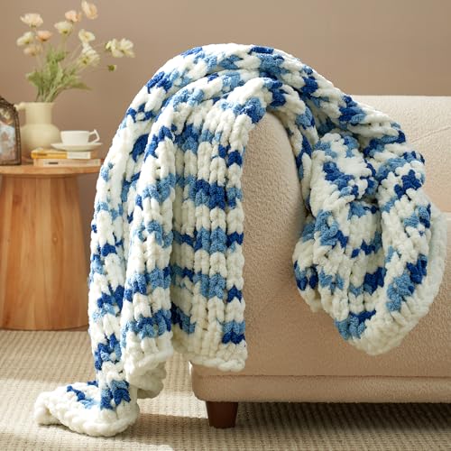 Amélie Home Chunky Knit Throw Blanket for Couch, Soft Chenille Handmade Crochet Throw Rope Knot Blanket for Couch, 50"x60", Space-Dyed Blue Striped - color: Blue/White Stripe, size: 50"x60"