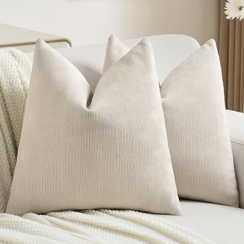 FUTEI Pack of 2 Chenille Decorative Throw Pillow Covers 20x20 Inch,Soft Cozy Striped Geometric Patterns Cushion Case,Modern Home Decor for Couch Bed Living Room,Beige - color: Beige, size: 20" x 20" (Pack of 2)