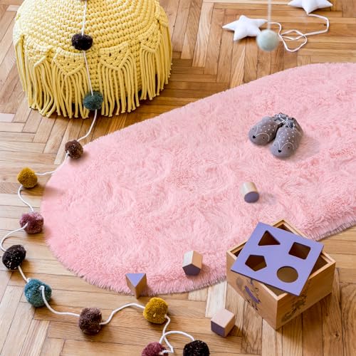Goideal Fluffy Bedroom Rug, Small Oval Area Rugs, Pink Shag Bedside Carpet for Kids Room Nursery Dorm Cute Fuzzy Indoor Decor for Boy and Girl, 2.6 x 5.3 Feet - color: Pink